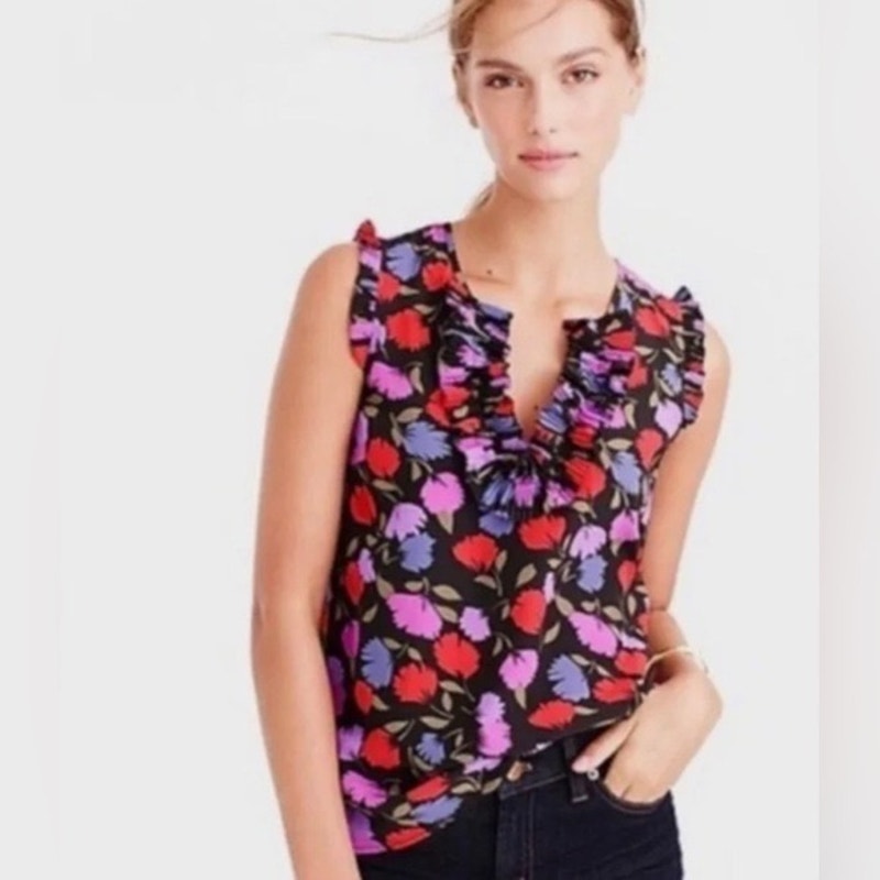 J. Crew Painted Pansy Floral Ruffle Blouse 100% Silk